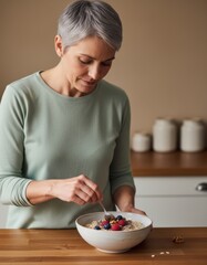 Mature adult preparing a healthy breakfast bowl with oats and berries in a domestic kitchen for a wellness and nutrition focused lifestyle morning routine
