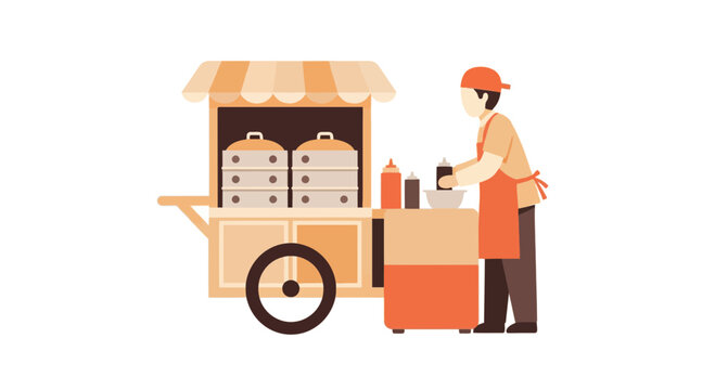 Flat Vector Illustration of Dim Sum Street Food Vendor with Bamboo Steamer Cart and Character