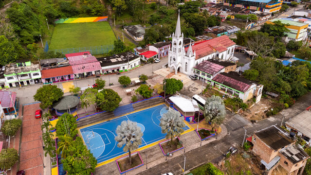 San Pablo de Borbur, Boyaca - Colombia. March 11, 2026. Panoramic drone view of the town's main church
