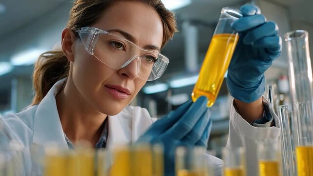 The Scientist's Gaze: A dedicated female scientist meticulously examines a vibrant yellow liquid within a glass test tube, the essence of scientific inquiry and discovery.