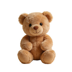 Fototapeta premium Plush golden brown teddy bear sits upright with smiling expression and shiny black eyes on plain background.