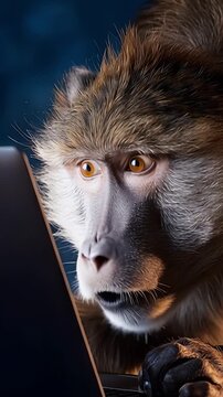 Baboon yawns, eyes fixed on a laptop screen. Its fur glows warm against cool blue backdrop. Hands rest on keyboard as if typing. Face shows surprise or curiosity. Ideal for tech, comedy
