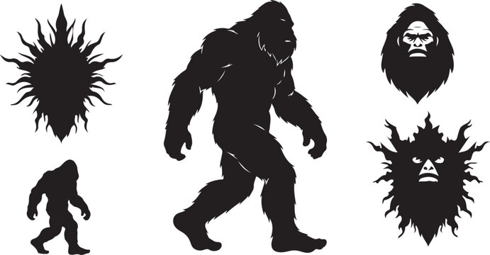 Bigfoot Silhouette Set with Various Monster Illustrations and Icons