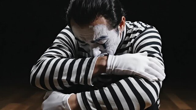 Sad mime sitting alone in darkness
