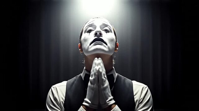 Sad mime praying with folded hands
