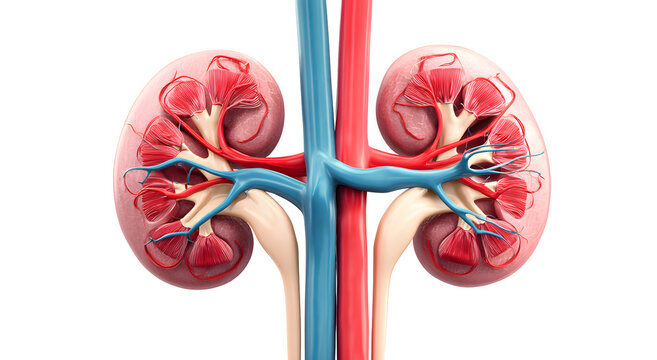 Modern 3D render of human kidneys displaying the intricate network of arteries and veins, perfect for advanced medical and biological studies.