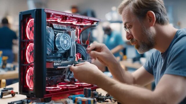 Tech Artisan at Work: A skilled technician meticulously assembles a high-performance computer, his focused gaze and deft hands bringing the machine to life.