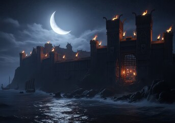Fototapeta premium Medieval fortress with glowing torches stands on a rocky coastline under a crescent moon at night.