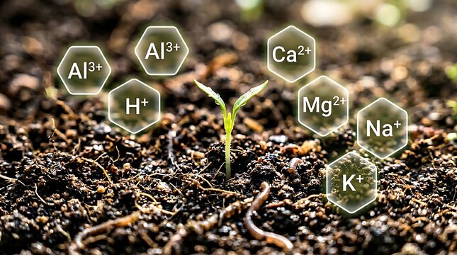 Young plant growing in soil with essential mineral nutrient labels