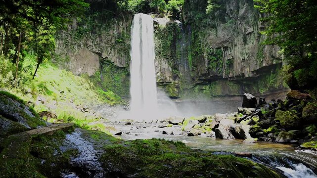 通潤橋の傍に眠る、静寂と躍動が共存する大瀑布
「「巨瀑・五老ヶ滝。落差50mから垂直に流れ落ちるダイナミックな水流と深い緑の絶景」」
山都町(五老ヶ滝)
A magnificent waterfall where tranquility and dynamism coexist, nestled beside Tsujun Bridge