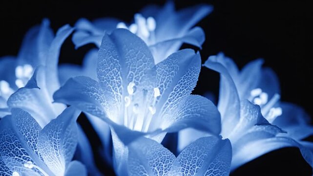 Close-up of vibrant blue flowers blooming on dark background
