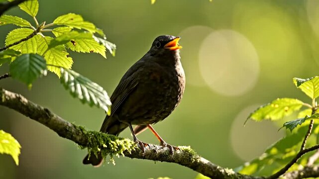 A beautiful blackbird singing on a tree branch in a lush green forest.
