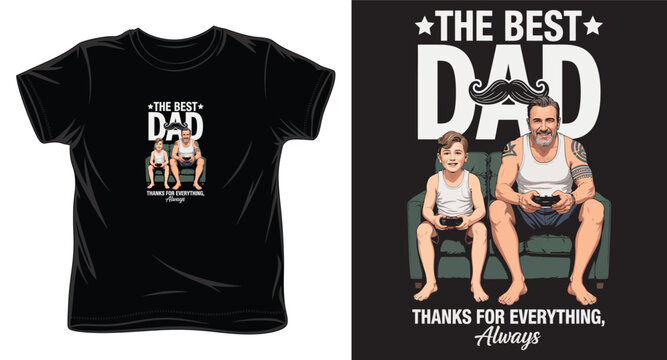 The best dad ever t-shirt design featuring father and son gaming together on sofa with mustache graphic and stars.