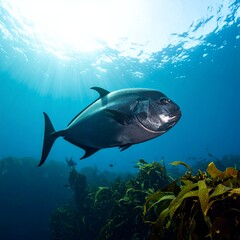 Obraz premium Underwater view of a large fish swimming near the ocean floor with sunlight filtering through the water.