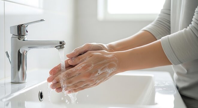 A person washes their hands thoroughly under running water in a modern bathroom sink area.