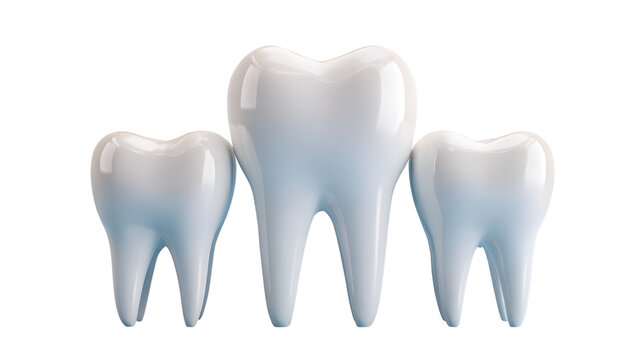 Three white human teeth showing central molar and two premolars with roots on transparent grid background for dental health concept representing oral hygiene and professional stomatology care.