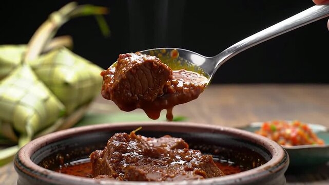Spoon scoops rich beef rendang into video frame with corn
