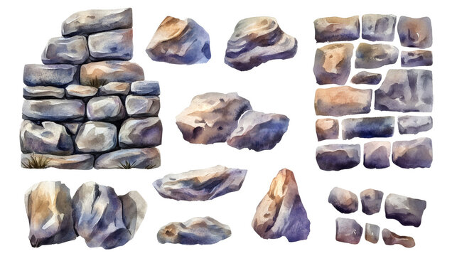 Assorted hand-painted watercolor stone wall and brick tile elements arranged in a grid, colorful game art assets