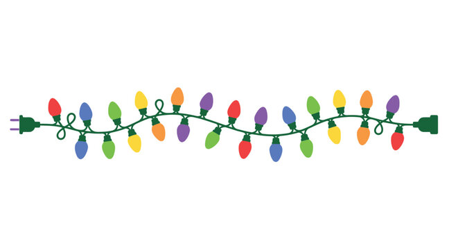 Colorful string lights with a green cord stretch across a white background