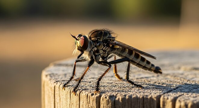 Close up of a robber fly insect perched on a wooden surface