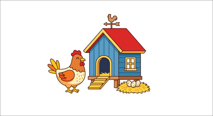 A cartoon illustration of a chicken standing near a blue chicken coop