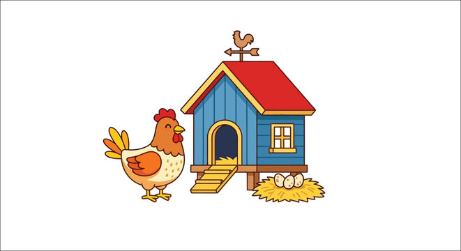 A cartoon illustration of a chicken standing near a blue chicken coop