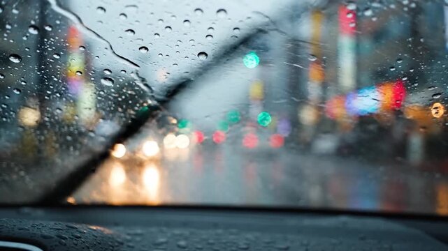 Raindrops on a car windshield with blurred city lights in the background during a storm