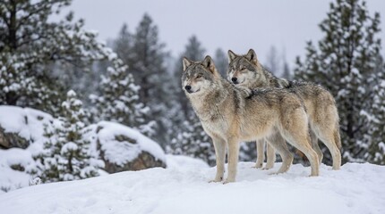 Fototapeta premium Grey or Timber Wolves (Canis lupus) in the snow, outdoor enclosure, Nation park Bayerischer Wald, Bavarian Forest National Park, Bavaria, Germany