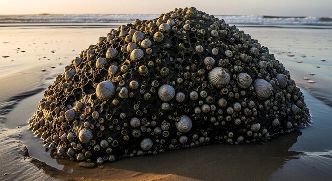 Close up of a rock covered in barnacles on a sandy beach at sunset