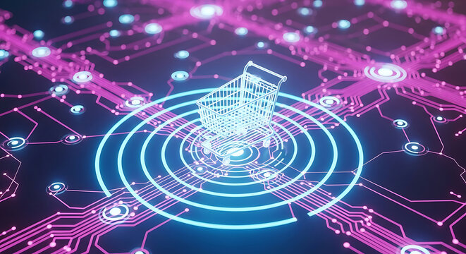 online shopping e-commerce concept glowing wireframe retail cart on digital circuit board symbolizing technology and digital transformation.