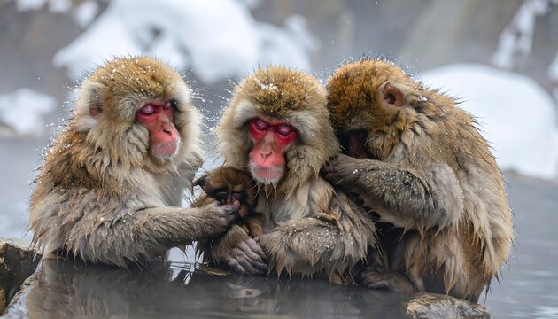 Snow monkeys relaxing in a hot spring during winter in Nagano Japan, embracing family