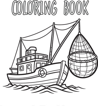 coloring book page with fishing boat and lobster trap vector illustration