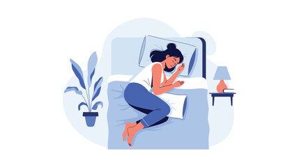 Obraz premium Peaceful young woman sleeping comfortably in her bed in a cozy bedroom with soft blue colors and a houseplant.