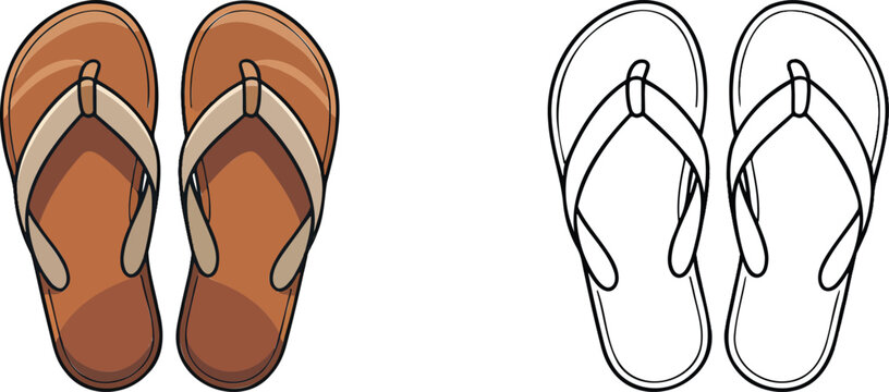 Flip flop illustration & outline set isolated on transparent background