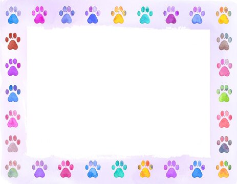 Colorful rainbow paw prints frame on white background