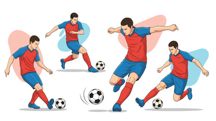 Obraz premium Multiple poses of a professional soccer player demonstrating different ball control and kicking techniques in action.