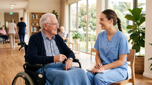 A smiling young female nurse in blue scrubs sitting and talking to an elderly man in a wheelchair within a bright and modern assisted living facility or nursing home environment