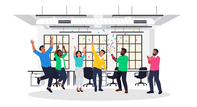 Joyful diverse business team celebrating a successful project completion in a modern office with confetti. A vibrant vector illustration of teamwork and achievement