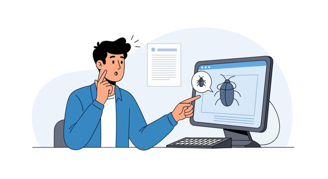 Vector illustration of a man pointing at a computer screen showing a software bug. Represents debugging, error detection, and quality assurance in development