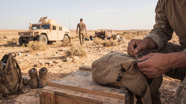 Soldier repairs torn bag in a desolate desert camp, emphasizing resilience and resourcefulness, a candid photograph.