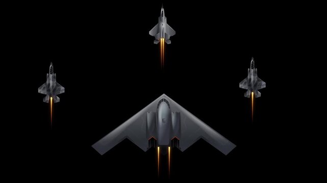 Stealth Bomber and Fighter Jets Flying in Formation Over Dark Background