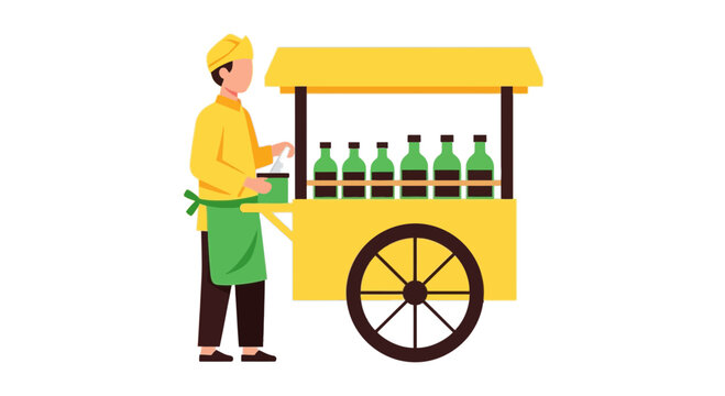 Traditional Indonesian Jamu Seller with Cart, Herbal Medicine Street Vendor Flat Vector Illustration.
