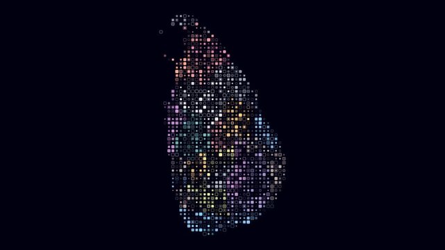 Sri Lanka animated country shape. Pulsating colored dots on the map of the country. Small size rounded square blocks. Digital style Sri Lanka map on dark background. Modern animation video.