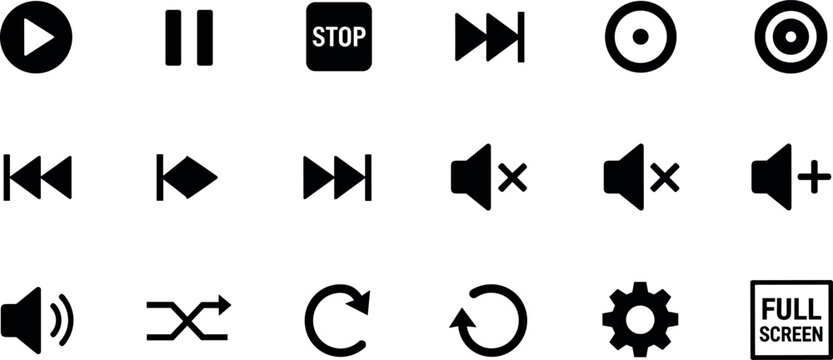 Media player control icon set featuring play pause stop volume shuffle repeat fullscreen and navigation symbols for multimedia interface design