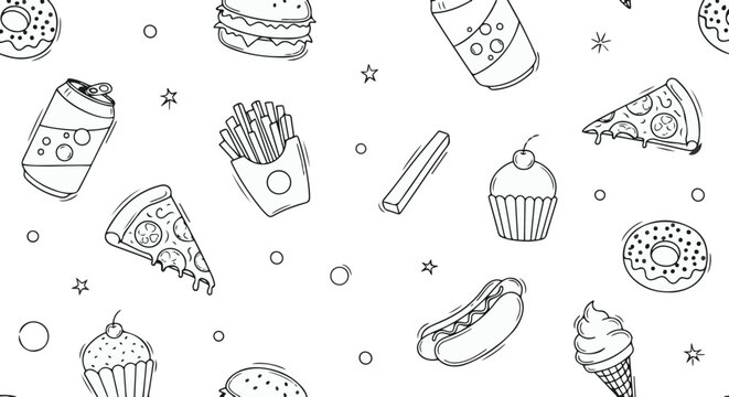 Black and white illustration of various fast food items