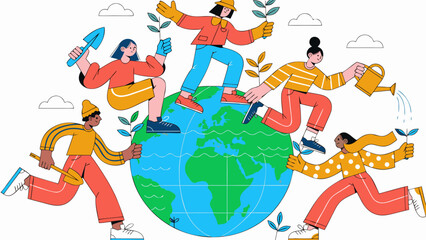 Naklejka premium Diverse group of people planting trees on a globe, showcasing environmental awareness and teamwork in colorful illustration representing global cooperation for greener planet, Earth Day celebration