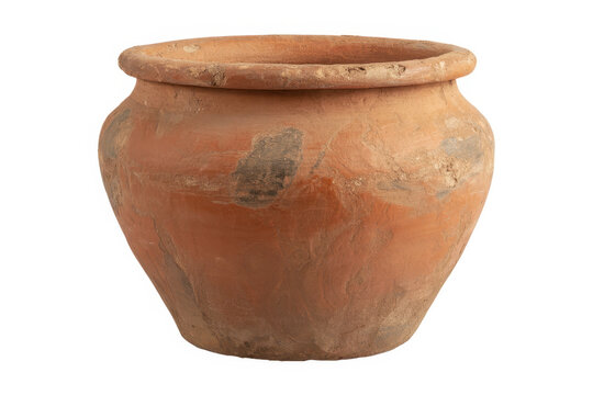 Large rustic terracotta clay pot with a weathered texture isolated on a white background