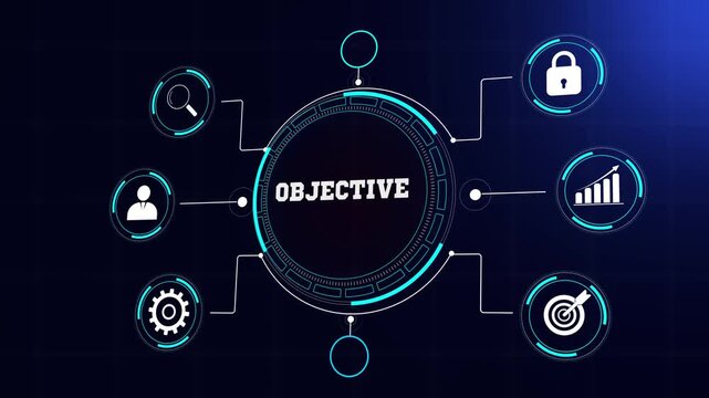 Business objective and strategic planning visualization, modern data hud with glowing blue icons, seamless abstract banking animation footage for leadership projects