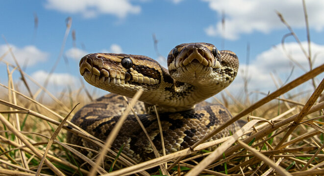 A snake with two heads is coiled in the dry grass under a blue sky with white clouds