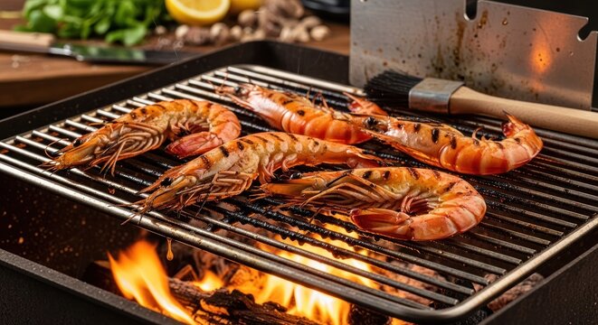 Grilled Tiger Prawns on a Charcoal Grill with Flames.